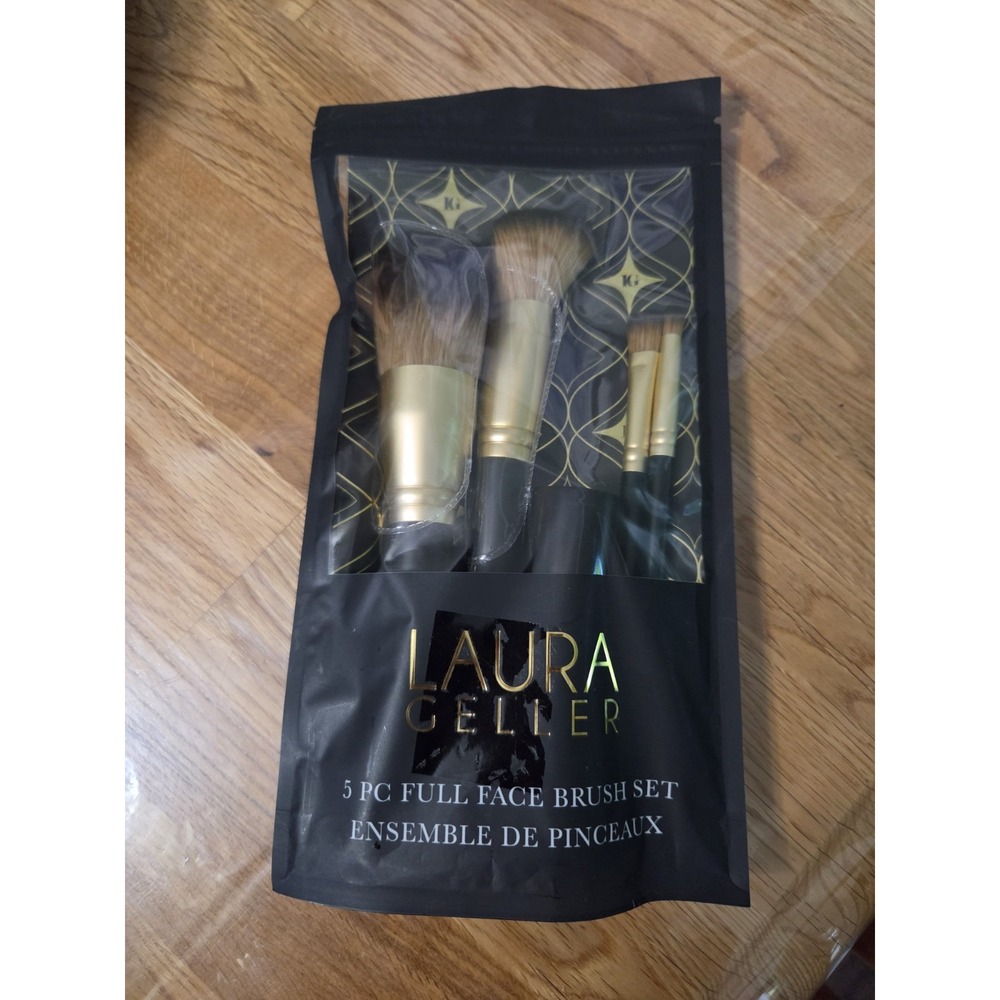 Laura Geller 5 PC Full Face Brush Set Kabuki Blush Eyeshadow Angled Gold